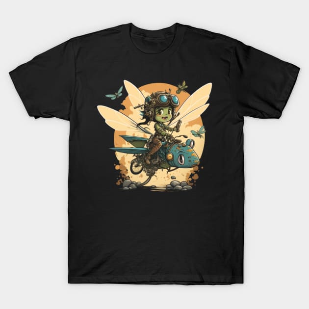 Steampunk Battle Fairy Ridging a Mechanical Dragonfly T-Shirt by ForbiddenGeek